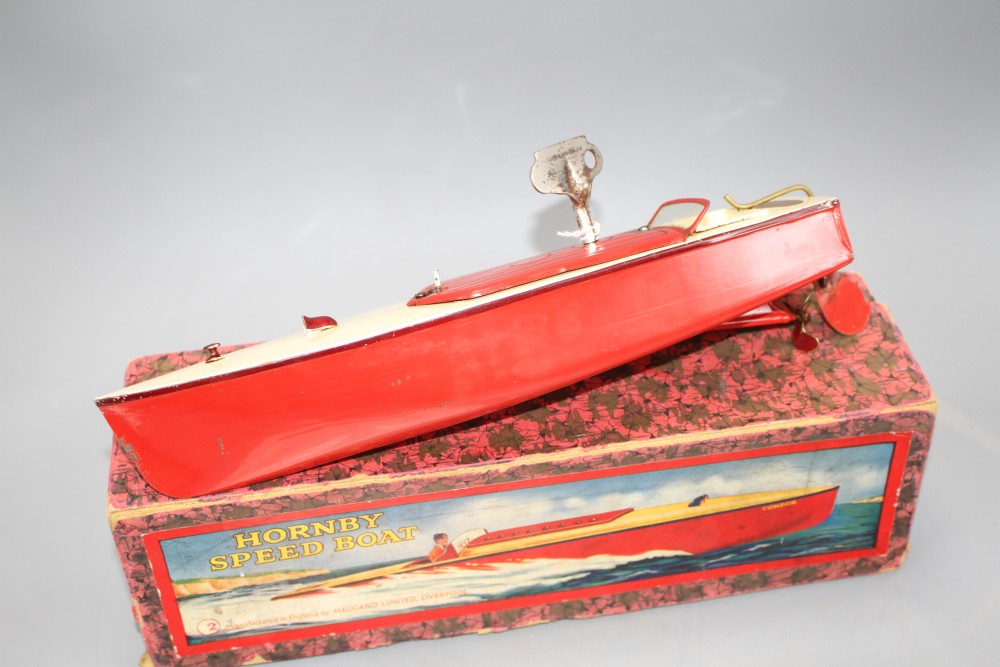 A Hornby tinplate clockwork No.2 Swift model speedboat, with red hull, boxed